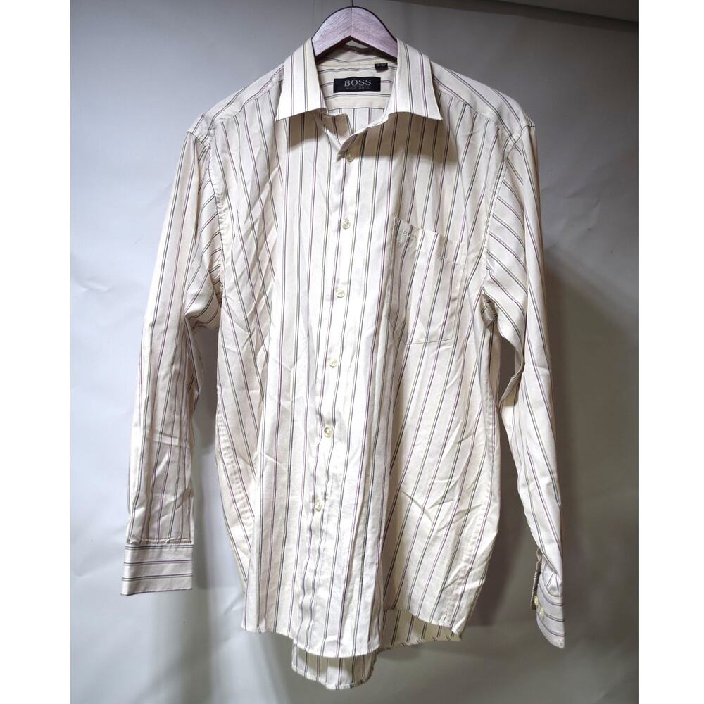 Hugo Boss Men’s Cream Multicolor Stripe Long Sleeve Dress Shirt 16.5 34/35